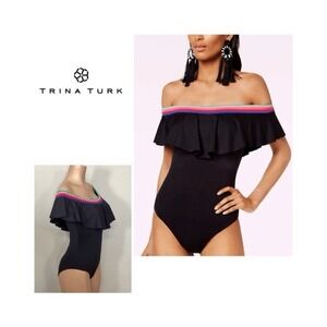 Trina Turk Swimsuit Womens 8 Off Shoulder Ruffle One Piece Vacation Beach Resort